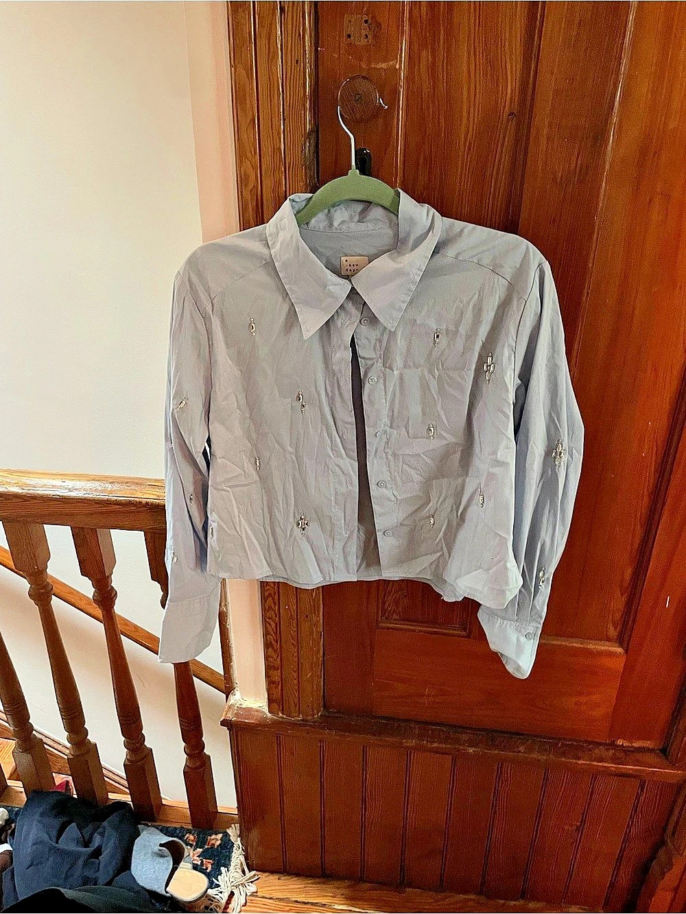 a new day Rhinestone Embellished Button-Down Shirt Gray Medium cropped